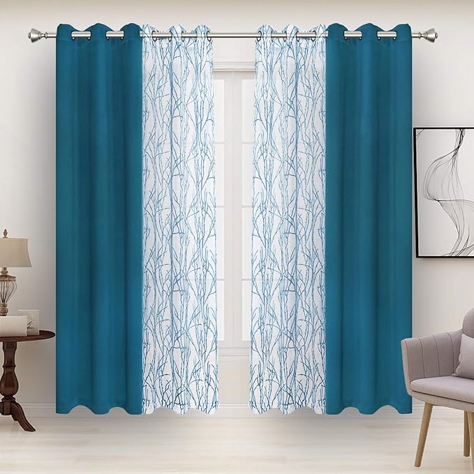 BONZER Mix and Match Curtains - 2 Pieces Branch Print Sheer Curtains and 2 Pieces Blackout Curtains for Bedroom Living Room Grommet Window Drapes, 37x95 Inch/Panel, Teal, Set of 4 Panels