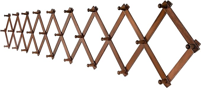 SKOLOO Accordion Wall Hanger with 28 Hooks, Modern Expandable Coat Rack Hat Rack for Wall, Solid Wooden, Walnut Color