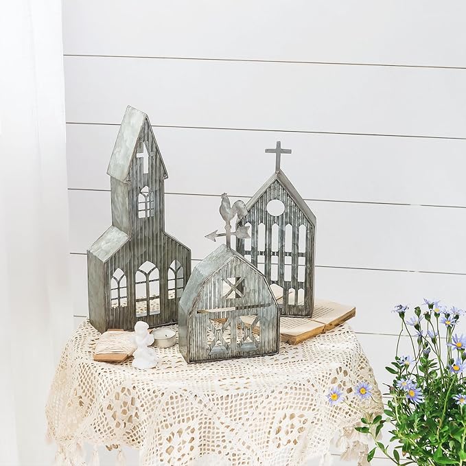 Barn Shaped Tea Light Candle Holder Farmhouse Galvanized Metal Candle Holder Vintage Decorative Tealight Holder for Table Centerpiece Decoration - 5.24" x 1.97" x 9.25"