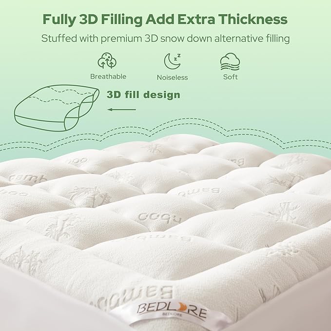 BEDLORE Twin XL Mattress Topper Viscose Derived from Bamboo, Thick Pillow Top Mattress Pad with Deep Pockets for 6-15 inches Mattress, Soft Mattress Topper College Dorm Size for Back Pain Relief
