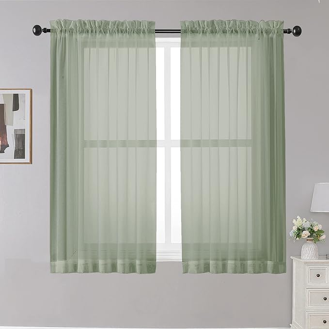 OWENIE Sheer Curtains Sage Green, 45" Long, Light Filtering for Small Window, 2 Panels, Cafe Style