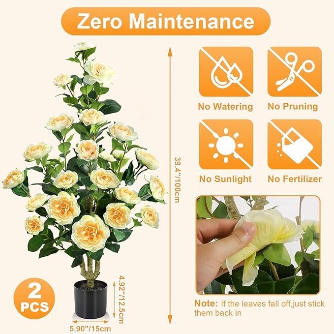 Faux Outdoor Plants 2 Pcs - 39’’ Artificial Camellia Tree Potted with Yellow Flowers, Artificial Plants Outdoor Porch Front Door Garden Indoor Office Home Wedding Decor Housewarming Gift