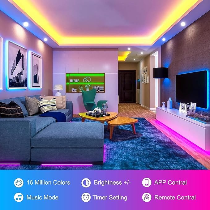 150ft Led Lights For Bedroom (2 Rolls of 75ft), Led Strip Lights Music Sync Color Changing, Led Light Strip With Remote & App Control Rgb Strip, Led Lights For Room Dorm Home Classroom Ceiling Decor