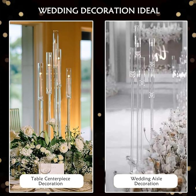 6pcs 5 Arm Candelabra,Acrylic Clear Floor Candelabra for Wedding Decor Tall Candle Holder for Table Centerpiece Ceremony Party Home Decoration, Fit 0.8 LED Candle