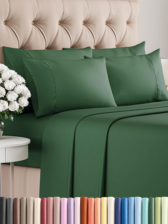 Queen Sheets Set 6 Piece - Includes 4 Pillowcases - Bed Sheets Queen Size - Soft Hotel Luxury Bedding - Cooling, Comfy, Cozy & Breathable - 1 Flat & 1 Fitted & 4 Pillowcases w/ Deep Pockets - Emerald