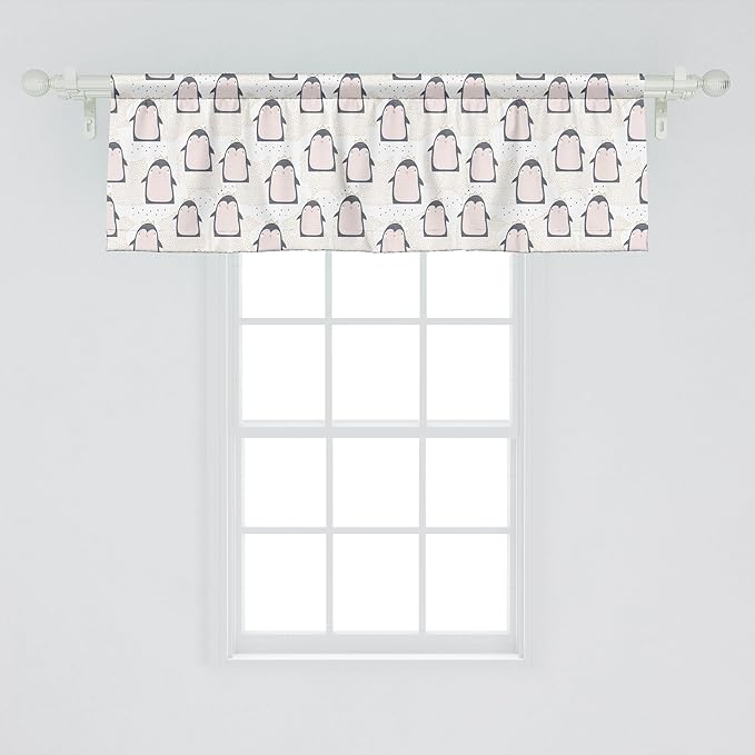 Ambesonne Penguin Window Valance, Pastel Colored Style Cartoon Animals from Antarctica Crowns on a Dotted Background, Curtain Valance for Kitchen Bedroom Decor with Rod Pocket, 42" x 18", Grey Pink