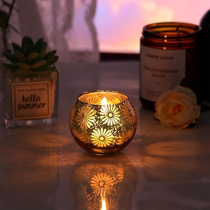 Gold Mercury Glass Votive Candle Holders Set of 12, Round Tealight Candle Holders Bulk for Table Centerpieces, Weddings, Shower Gifts, Christmas, Halloween Party Decorations