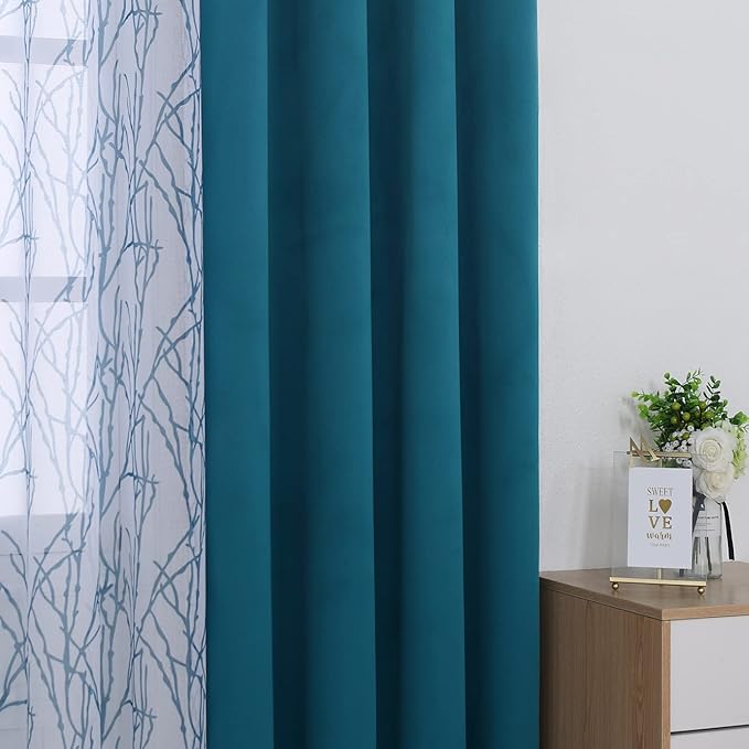 BONZER Mix and Match Curtains - 2 Pieces Branch Print Sheer Curtains and 2 Pieces Blackout Curtains for Bedroom Living Room Grommet Window Drapes, 54x95 Inch/Panel, Teal, Set of 4 Panels