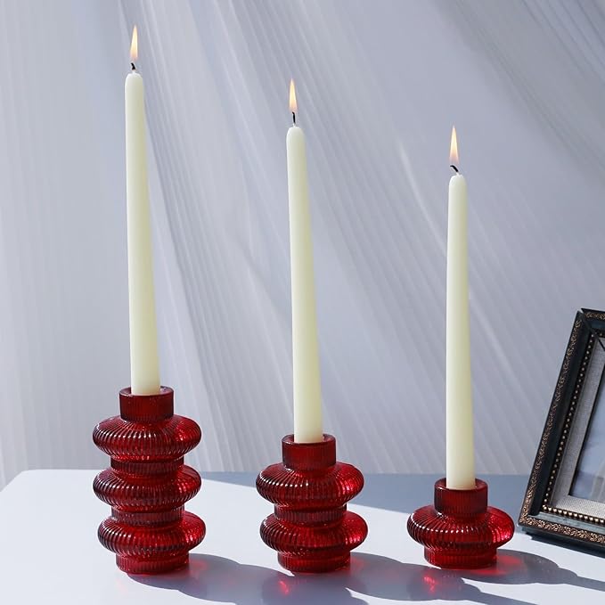 VOHO Vintage Red Candlestick Holders for Christmas Decorations, 6pcs Stackable Candle Stick Candle Holder for Valentines Day Decoration, Ribbed Taper Candle Holders for Candlesticks & Tea Lights