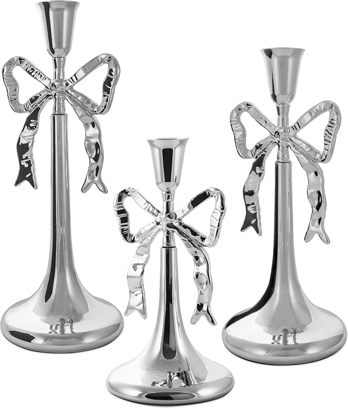 Iris Bow Candle Holders Set of 3, Silver Taper Candlestick Holders, Vintage Decor Perfect for Home Décor Accents, Centerpiece Dining Table Wedding Decor Fireplace Mantel or Housewarming Gift