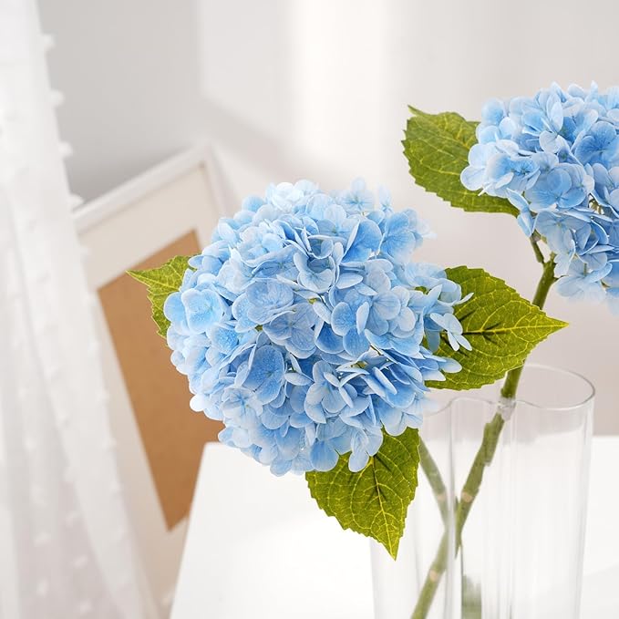 Waipfaru 21" Real Touch Blue Hydrangea Artificial Flowers with Long Stem & Leaves, Full Latex Faux Hydrangea Flowers for Home Decor Party Floral Arrangements Wedding Bouquets Centerpieces, 5Pcs