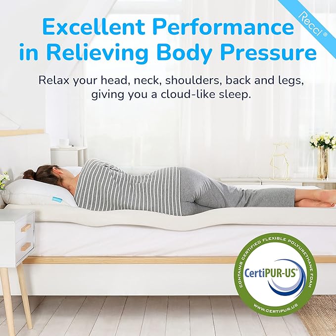 RECCI Memory Foam Mattress Topper for College Dorm, Pressure-Relieving Mattress Topper for Back Pain, Non-Slip Design with Removable & Washable Cover, CertiPUR-US Certified, 2 Inch TwinXL