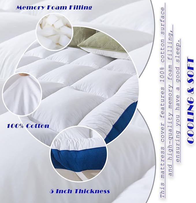 WhatsBedding 5 Inch Memory Foam Twin Mattress Topper 100% Cotton Top, Filled with Breathable & Soft Memory Foam Pillow Top,4 Elastic Straps, 75x39x5 Inch, Twin