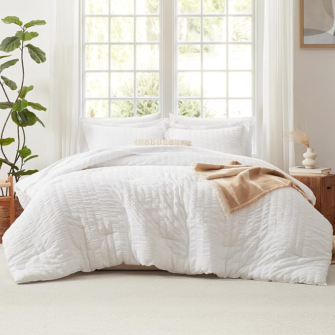CozyLux Twin XL Seersucker Comforter Set with Sheets White 5 Pieces Bed in a Bag Twin Extra Long Luxury Soft Bedding Sets for College Dorm with Down Alternative Comforter, Sheets, Pillowcase & Sham