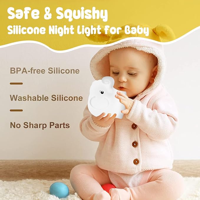 ShaArkMango LED Night Light for Kids Toddler Bed, Cute Animal Night Lamp Color Changing, Soft Baby Light Dimming & Timer &Rechargeable Nursery Bedside Lamp for Breastfeeding Elephant Gifts for Women