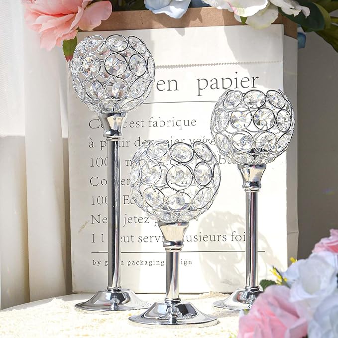 Bulk Crystal Candle Holder Set, 3 Sizes Tealight Candlestick Holders, Elegant Candelabra for Wedding Table Centerpiece, Fireplace, Home & Living Room Decor – Kehail (Set of 12, Silver)
