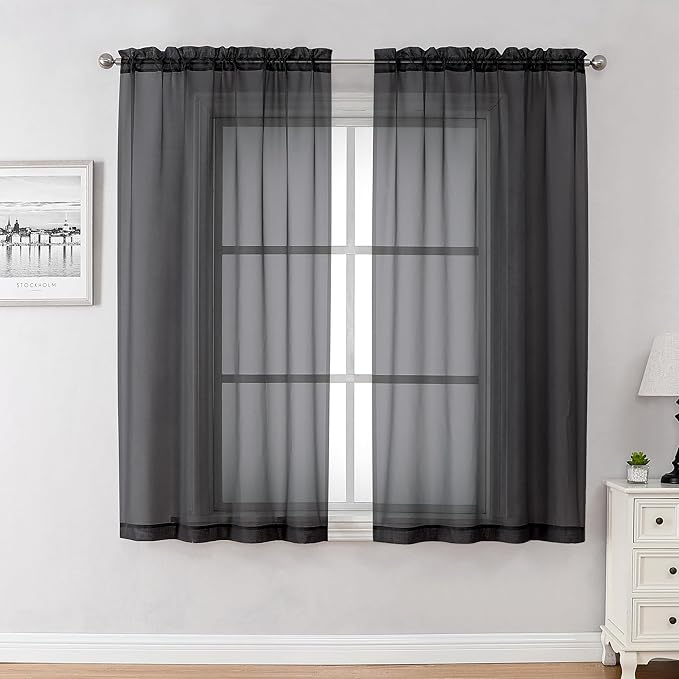 Chyhomenyc Black Sheer Curtains 45 Inches Length 2 Panels, Light Filtering Soft Airy Curtain Drapes for Bathroom Living Room Bedroom Small Windows, Each 42W x 45L inches