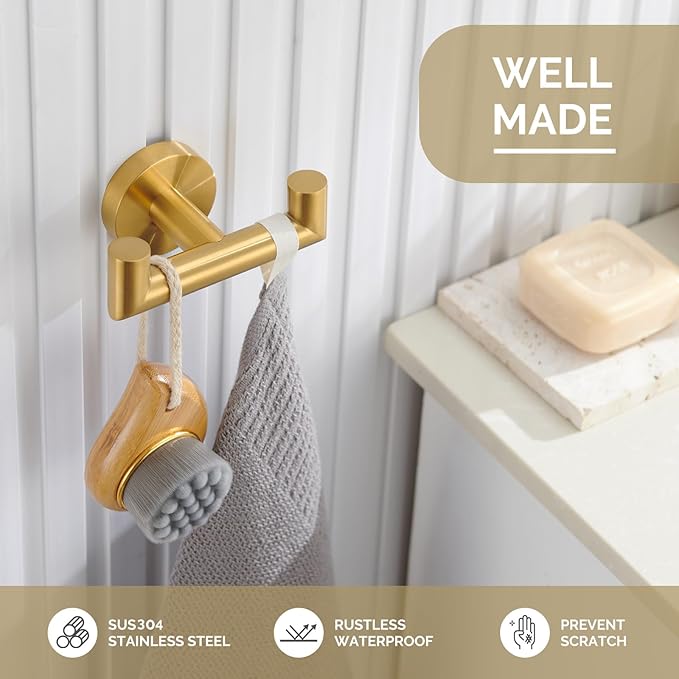 Angle Simple Bathroom Double Hook Brushed Gold, SUS304 Stainless Steel Bath Towel Holder, Double Robe Hanger Wall Mount