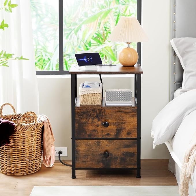 AMHANCIBLE End Table Living Room with Charging Station, Side Table with Fabric Drawer, Small Side Table with USB Ports and Outlets for Small Spaces Rustic Brown and Black HET05XBR1