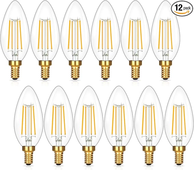Brightever E12 Candelabra LED Light Bulbs 60W Equivalent, 2700K Soft White, 620Lumens 6W LED Chandelier Bulb, B11 Filament Clear Candle Light Bulbs Dimmable, Pack of 12 Small Base Bulbs
