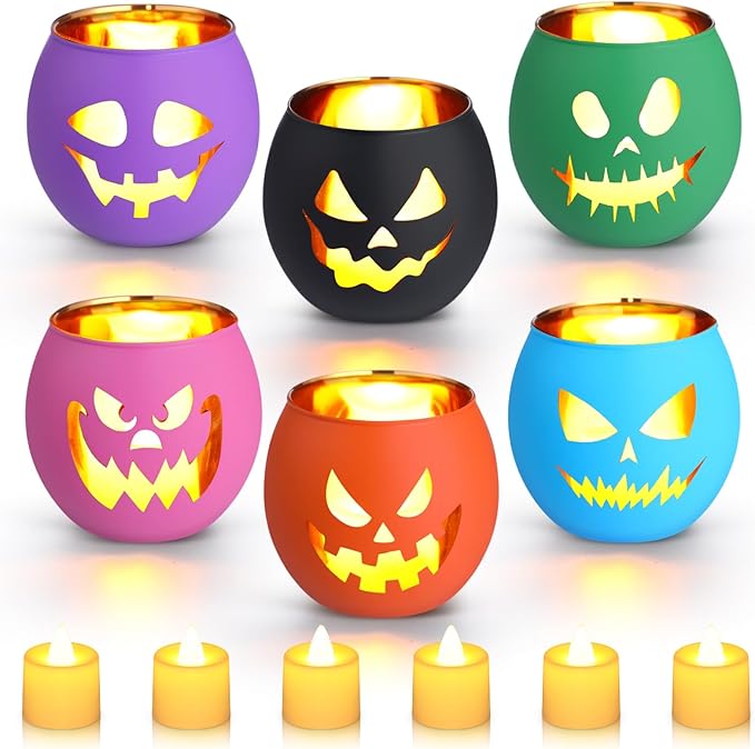 VIHOSE 6 Set Halloween Candle Holders Grimace Glass Votive Holder Tea Light with LED Battery Operated Candles Halloween Table Decorations for Home Table Centerpiece Decor Gifts