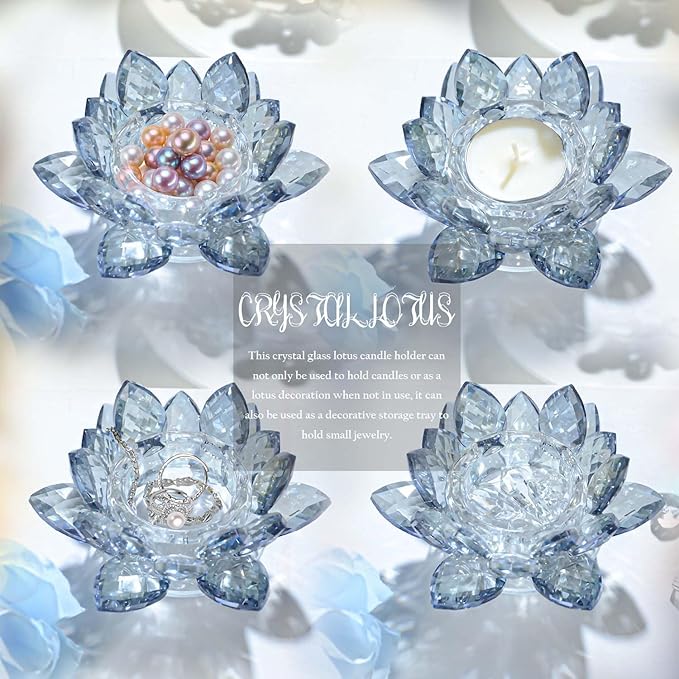 Crystal Lotus Flower Tealight Candle Holders/Glass Tea Light Candlestick Decor Decoration for Christmas Home Wedding Party… (Blue 1pc)