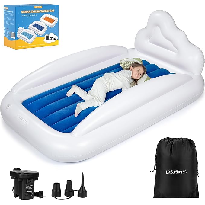 Inflatable Toddler Travel Bed, Reversible 2 Color Kids Air Mattress | Kids Blow up Mattress with Sides | Portable Toddler Bed for Travel, Sleepovers - Navy Blue & Grey