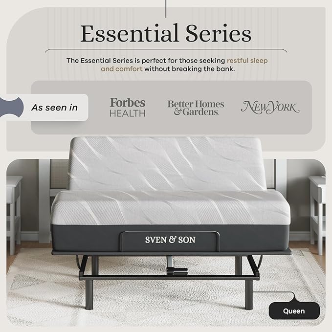 Sven and Son Essential Adjustable Bed Base (Frame) + 10 inch Memory Foam Matt (Firm), Easy Assembly, Head and Foot Lift, Memory Positions, Zero Gravity, Wireless Remote - Queen