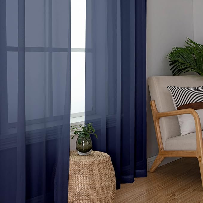 Aiyufeng Navy Blue Sheer Curtains 90 inch Length 2 Panels Set, Airy Soft-Touching Rod Pocket Voile Drapes for Living Room/Bedroom, Each 42W x 90L