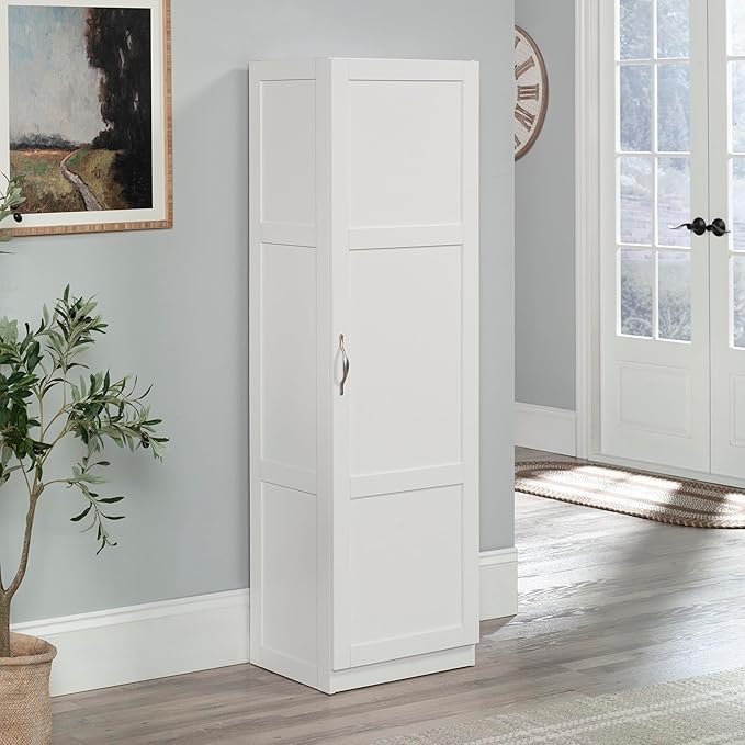 Sauder Miscellaneous Tall Storage Cabinet, Kitchen Pantry, Single Door with Adjustable Shelves, White Finish
