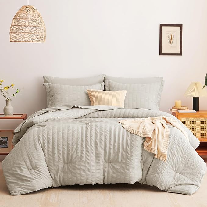 CozyLux Full Size Comforter Sets with Sheets Seersucker 7 Pieces Beige Bed in a Bag Textured Luxury Soft Bedding Set with Down Alternative Comforter, Sheets, Pillowcases & Shams for All Seasons