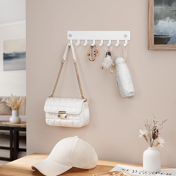 pickpiff 1 Pack Key Holder for Wall Adhesive, Key Hooks with 8 Hooks Wall Mounted, Key Hangers for Decor No Drill for Living Room, Kitchen, Office, White