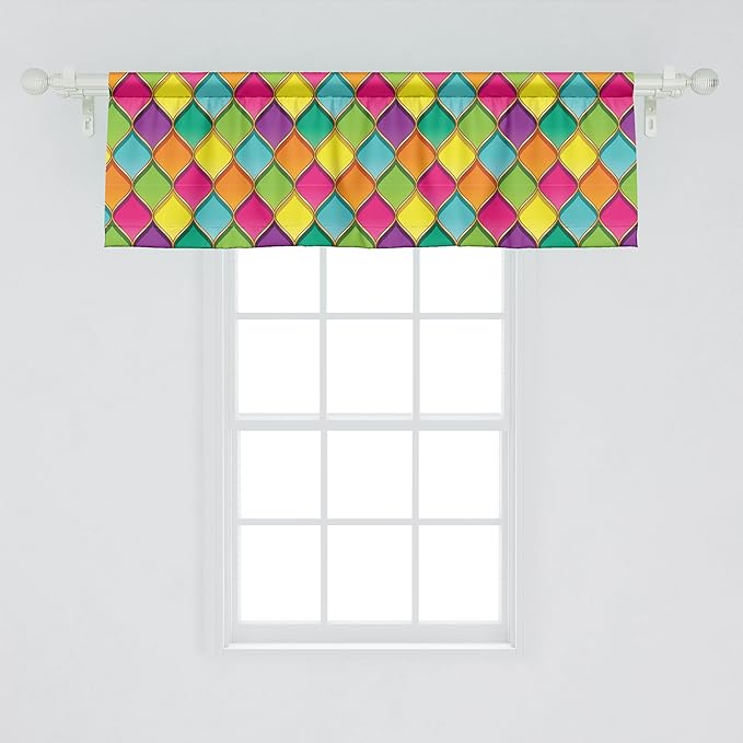 Ambesonne Geometric Window Valance, Vivid Colored Stained Glass Style Pattern Wavy Lines Curves Oval Shapes Modern, Curtain Valance for Kitchen Bedroom Decor with Rod Pocket, 54" X 18", Multicolor