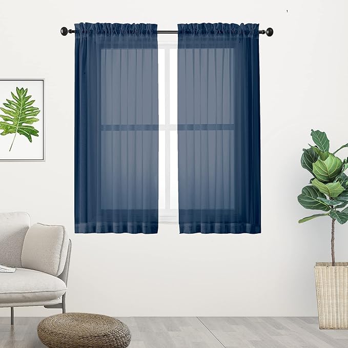 Chyhomenyc Voile Sheer Curtain Panels 45in Long 2 Pack, Short Bathroom Window Curtains for Small Window/Living Room/Guest Room/Basement, Airy Light Filtering Drapes, 42W x 45L inch, Navy Blue
