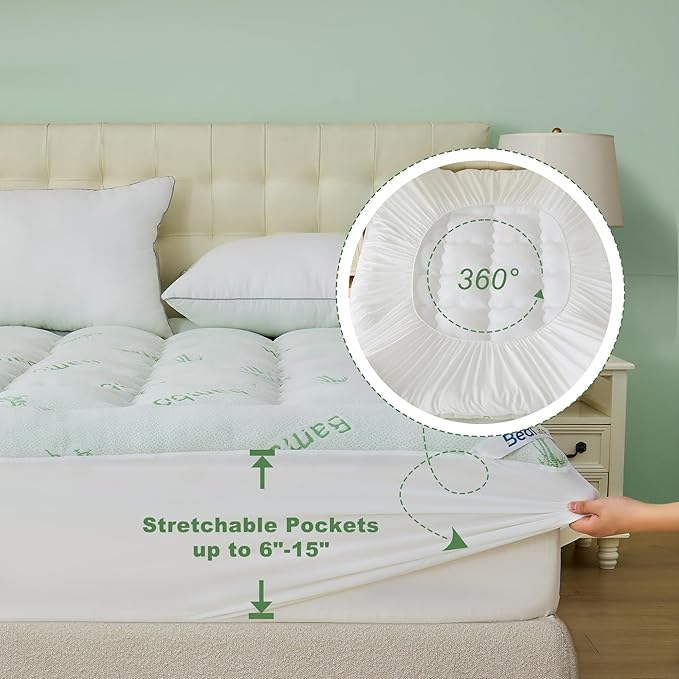 BEDLORE Twin XL Mattress Topper Viscose Derived from Bamboo, Thick Pillow Top Mattress Pad with Deep Pockets for 6-15 inches Mattress, Soft Mattress Topper College Dorm Size for Back Pain
