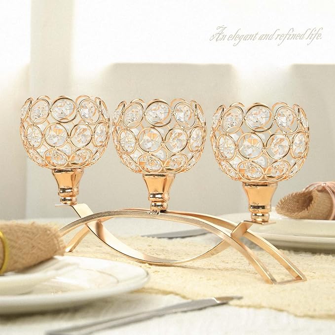 Crystal Tealight Candle Holder Centerpiece Home Decorative Candlestick Holder Elegant Table Centerpiece Home Decor Wedding Party Anniversary (Gold, 3 Arm of 4 Pcs)