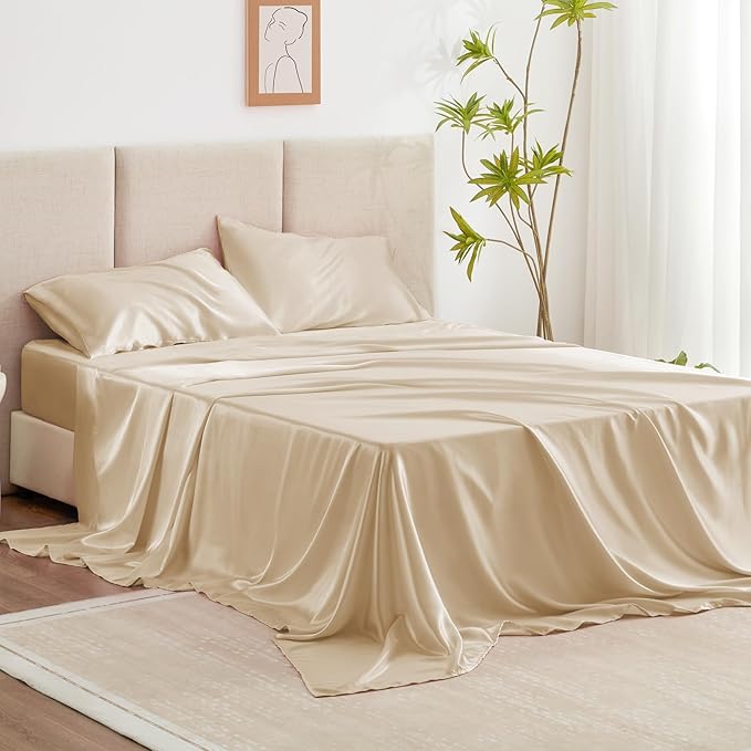 Love's cabin Satin Queen Sheets Set - 4 Piece Beige Silky Bed Sheets Set with Deep Pocket, Luxury Silk Feel Satin Queen Size Sheet Set (1 Flat Sheet,1 Fitted Sheet,2 Pillow Cases)