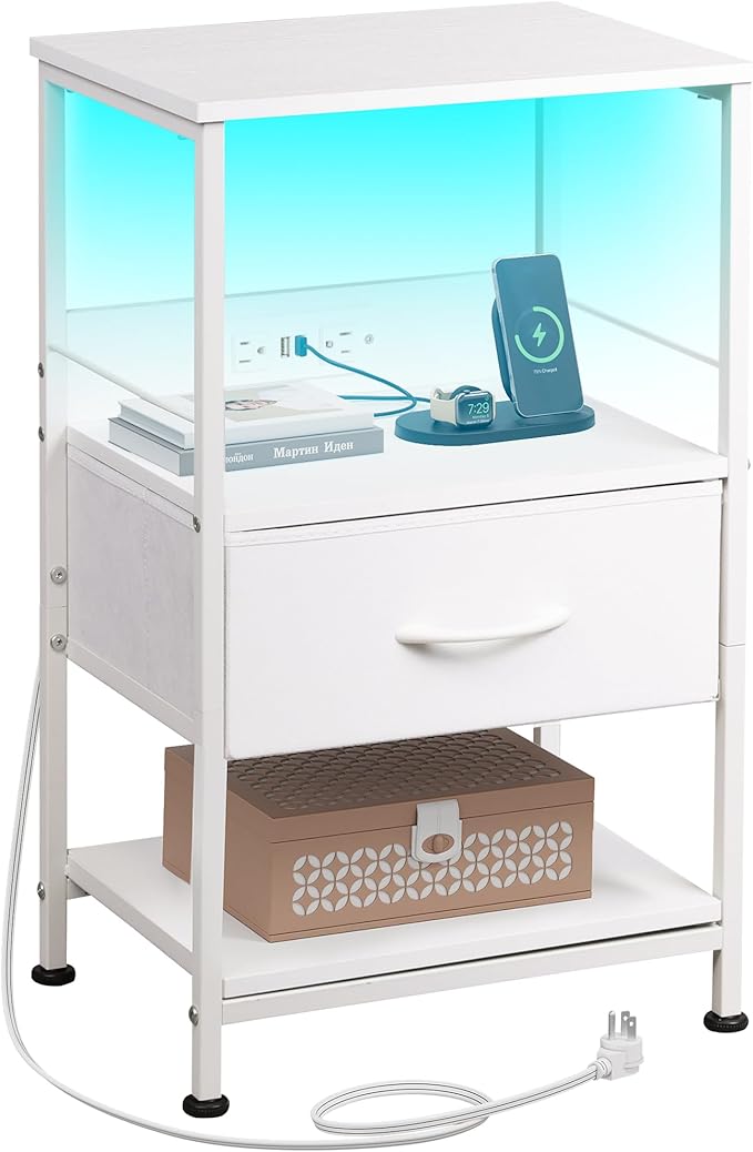 WLIVE White Night Stand with Charging Station, LED Nightstand with Adjustable Fabric Drawer, 3-Tier Storage Bedside Table, Small End Side Tables for Bedroom