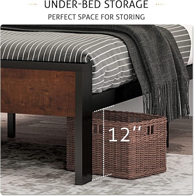 SHA CERLIN 14 Inch King Size Metal Platform Bed Frame with Wooden Headboard and Footboard, Mattress Foundation, No Box Spring Needed, Large Under Bed Storage, Mahogany