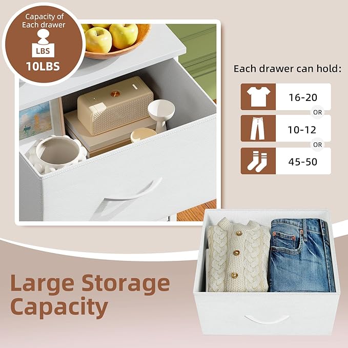 Somdot Dresser for Bedroom with 3 Drawers, Storage Organizer Chest of Drawers with Removable Fabric Bins for Closet Bedside Living Room Laundry Entryway Hallway, White Leather