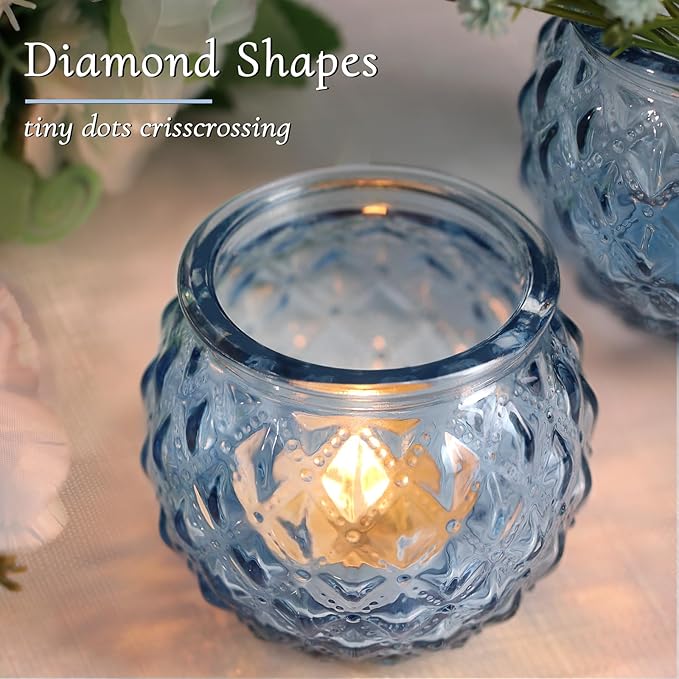 DARJEN 48Pcs Blue Round Candle Holders - Bulk Glass Candle Holders for Vintage Decoration, Tea Lights for Wedding Shower, Party & Gift