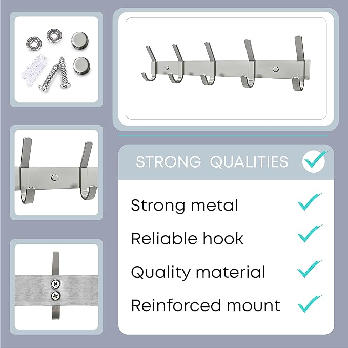 Coat Rack Wall Mount – Brushed Nickel 15 Inch Stainless Steel Hook Rail with 5 Heavy Duty Double Coat Hooks – Wall Mounted Coat Hanger for Entryway, Bathroom, Bedroom, Towel, Hat Organizer - 2 Pack