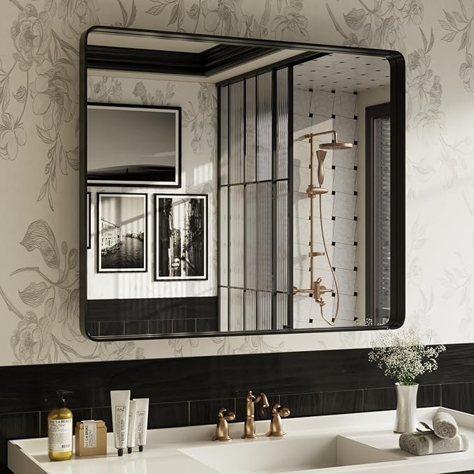 ISKM Black Bathroom Mirror for Wall 44" x 36" Matte Black Framed Vanity Mirror, Shatter-Proof, Tempered Glass, Rounded Rectangle Mirror(Horizontal/Vertical)