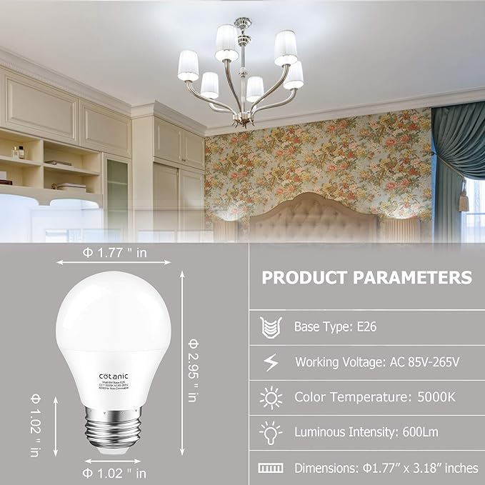 Cotanic Ceiling Fan Light Bulb 5000K Daylight A15 LED Bulb,E26 Medium Base Chandelier Light Bulb, 6W 60W Equivalent,600lm,Non-Dimmable,6 Pack