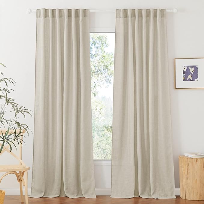 RYB HOME Sheer Curtains 95 inches Long - Linen Texture Semi Sheer Draperies Light Airy Breezy Window Decor for Sun Room Hotel Office Dorm Open House Bedroom, Angora, W 52 x L 95, 2 Pcs