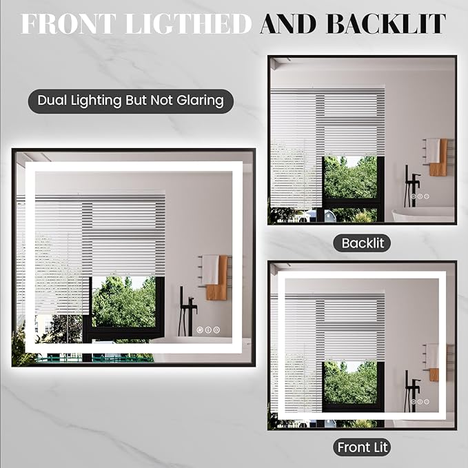 LED Bathroom Mirror,40"x32" Mirror with Black Frame, Front Light and Backlit, Stepless Dimmable, Anti-Fog, Shatter-Proof, Memory, 3 Colors, LED Vanity Mirror