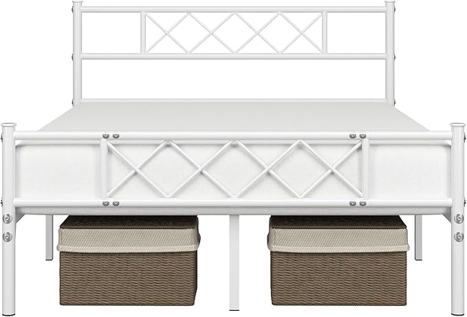 Yaheetech Full Size Metal Platform Bed Frame with Simple Headboard and Footboard, Mattress Foundation for Under Bed Storage, Steel Slat Support, No Box Spring Needed, Easy Assembly, White