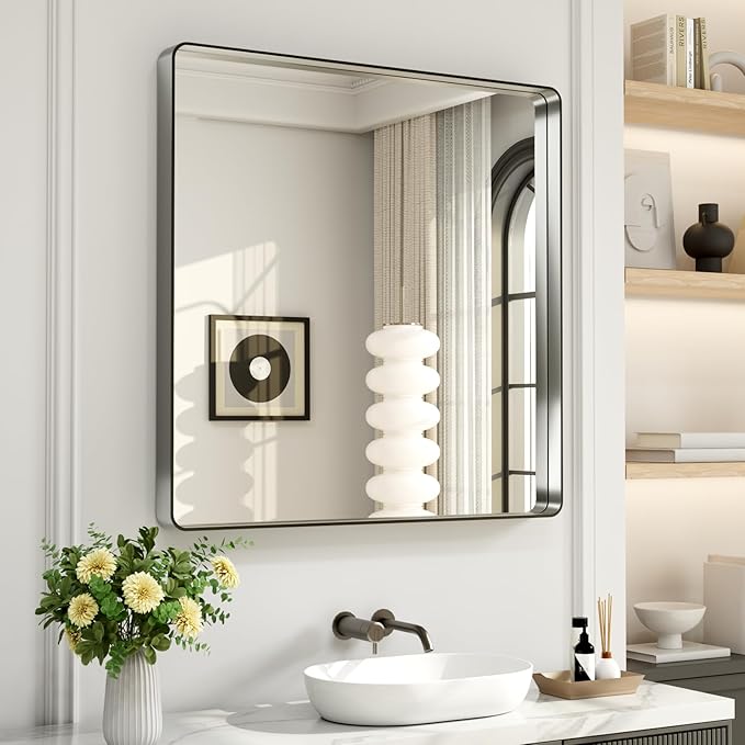 LOAAO 30X30 Inch Brushed Nickel Bathroom Mirror, Rounded Rectangle Silver Metal Frame Mirror, Brushed Nickel, Anti-Rust, Shatter Proof, Hangs Horizontally or Vertically