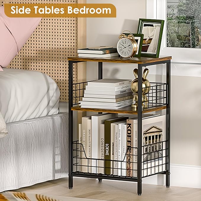 X-cosrack Side Table, Small End Table Record Player Stand with Storage, Vinyl Record Storage Night Stand for Living Room, Bedroom,Office(Patent Pending)(Rustic Brown & Black)