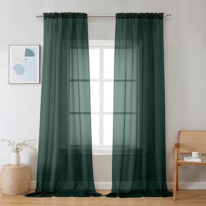 Chyhomenyc Hunter Green Sheer Curtains 96 inches Long 2 Panels, Light Filtering Soft Airy Solid Elegant Voile Window Treatment Drapes for Bedroom Living Room Wedding Party Decor, 42 Wx96 L, 8FT L